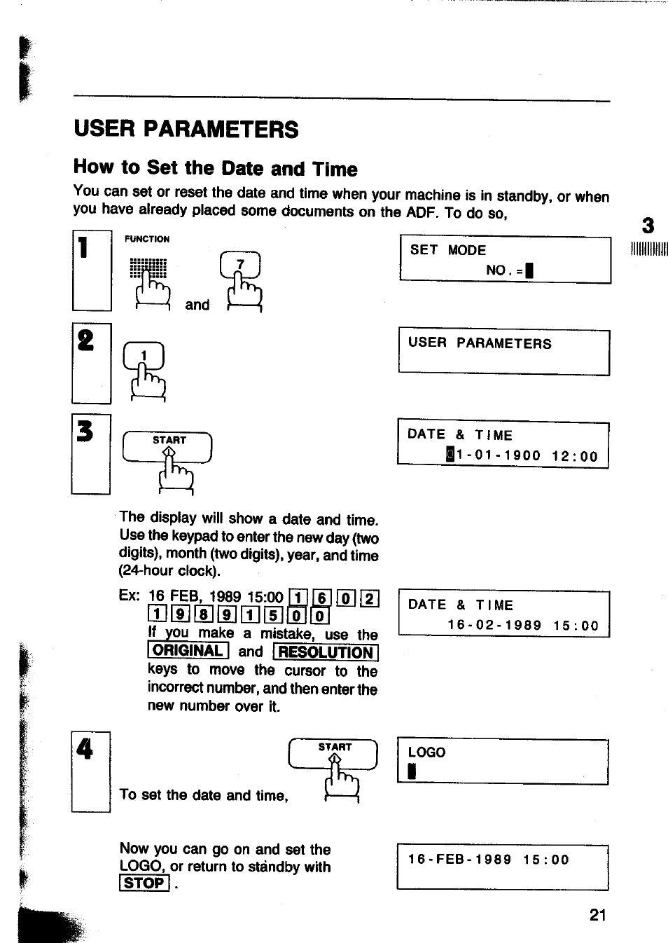 How to set the date and time, User parameters, Q] is e it | Panasonic Panafax UF-260 User Manual | Page 23 / 150