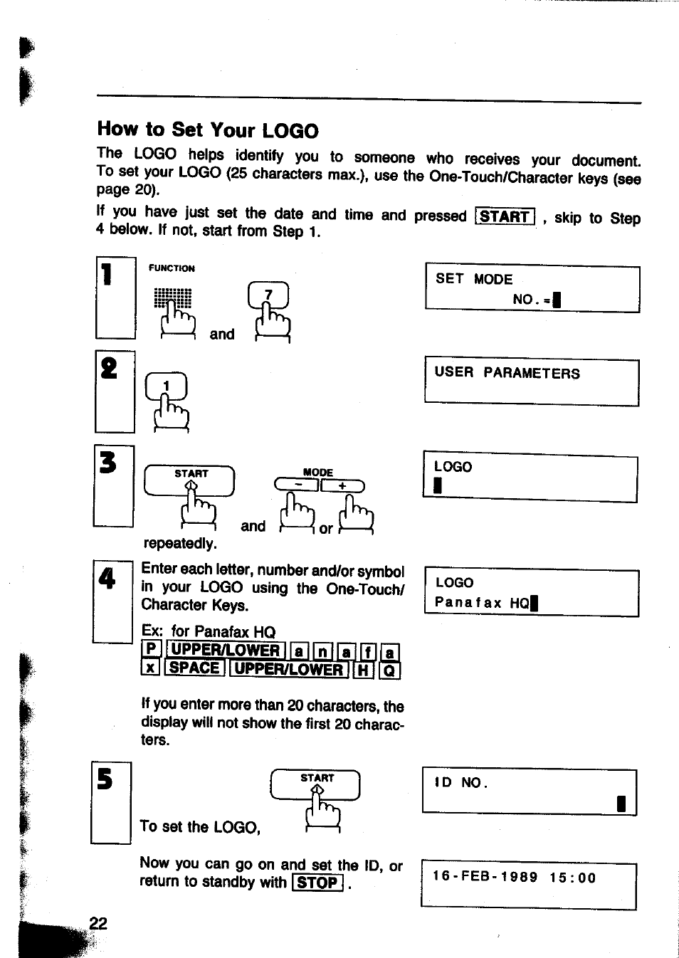 How to set your logo, Stslq | Panasonic Panafax UF-260 User Manual | Page 24 / 150