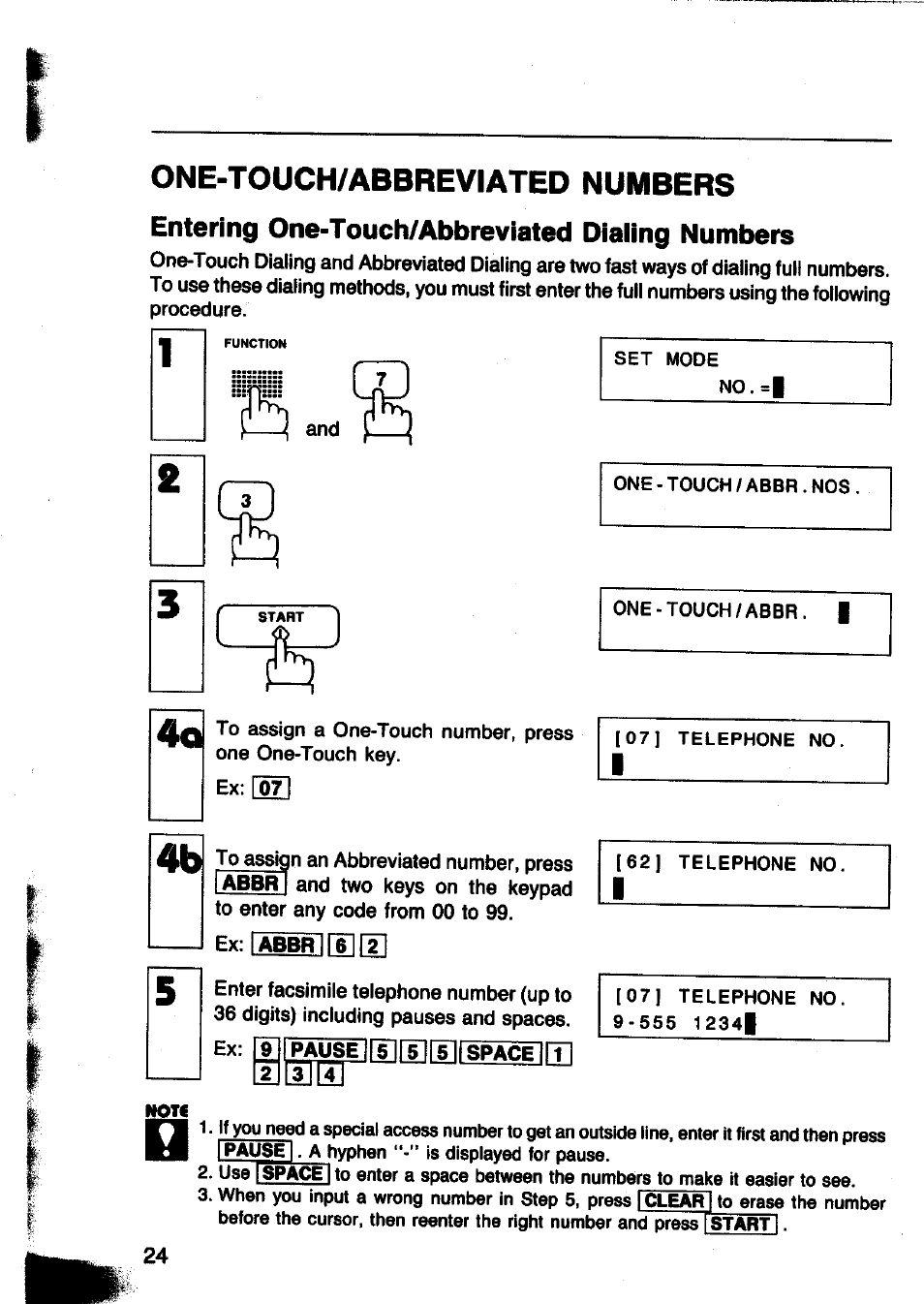 Entering one-touch/abbreviated dialing numbers, One-touch/abbreviated numbers | Panasonic Panafax UF-260 User Manual | Page 26 / 150