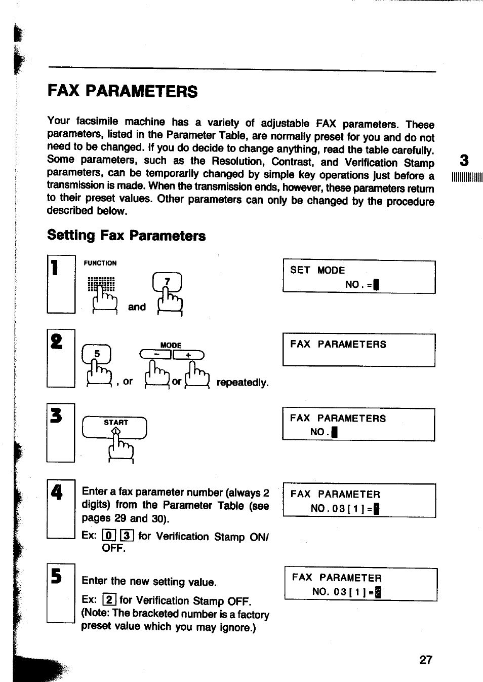 Setting fax parameters, Fax parameters | Panasonic Panafax UF-260 User Manual | Page 29 / 150