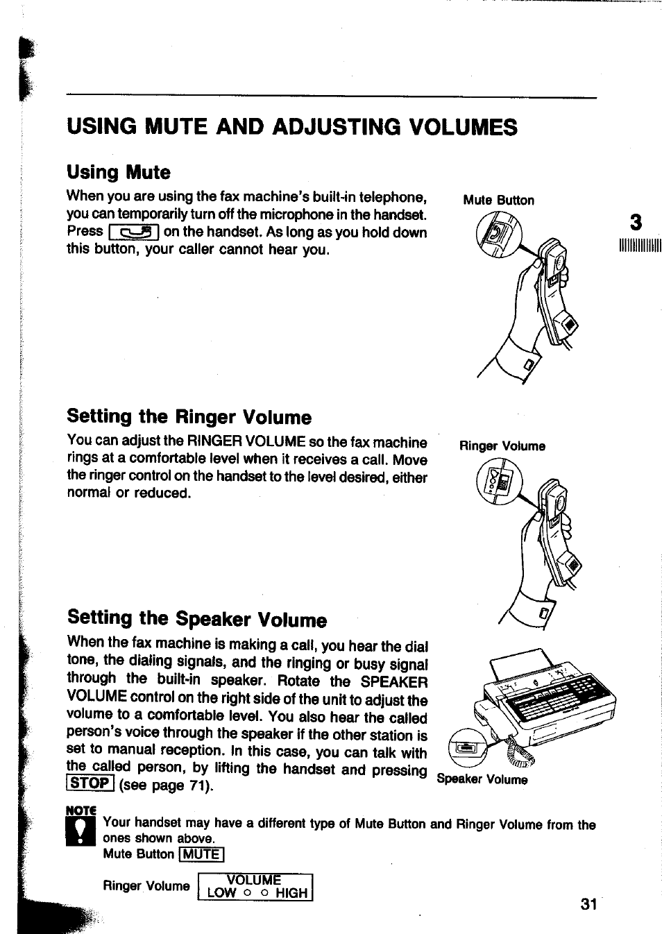 Using mute, Setting the ringer volume, Setting the speaker volume | Using mute — setting the ringer volume, Using mute and adjusting volumes | Panasonic Panafax UF-260 User Manual | Page 33 / 150