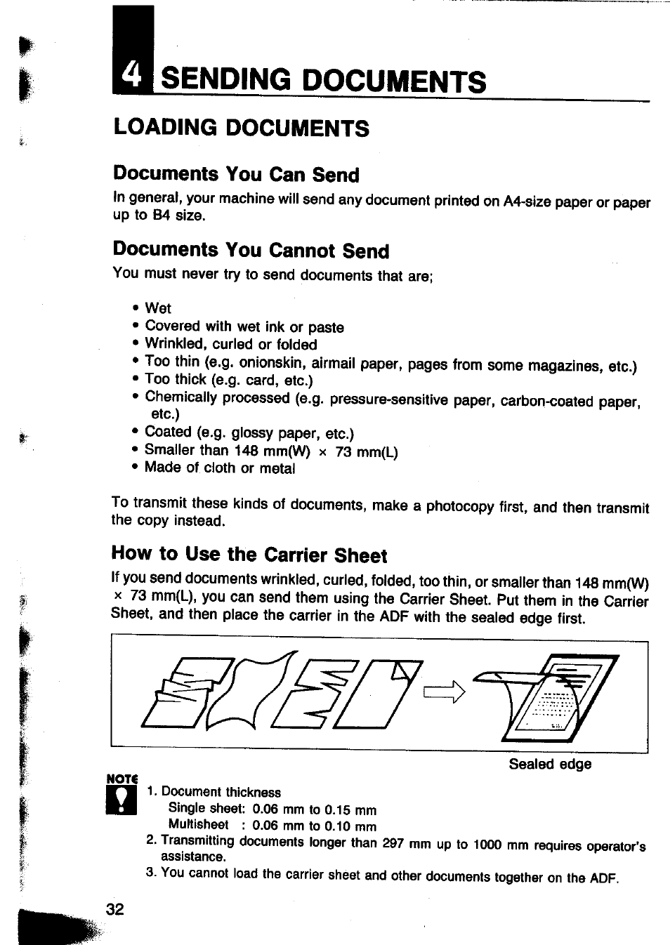 Documents you can send, Documents you cannot send, How to use the carrier sheet | Sending documents, Loading documents | Panasonic Panafax UF-260 User Manual | Page 34 / 150