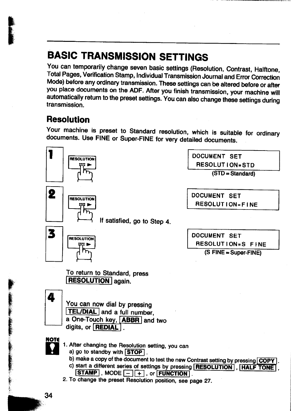 Resolution, Basic transmission settings | Panasonic Panafax UF-260 User Manual | Page 36 / 150