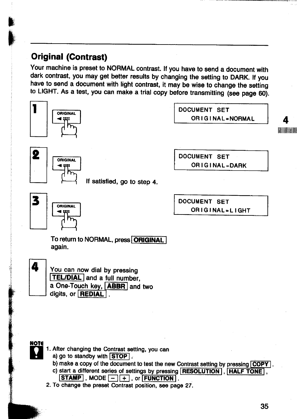 Original (contrast), If satisfied, go to step 4, Original again | And two digits, or redial i | Panasonic Panafax UF-260 User Manual | Page 37 / 150