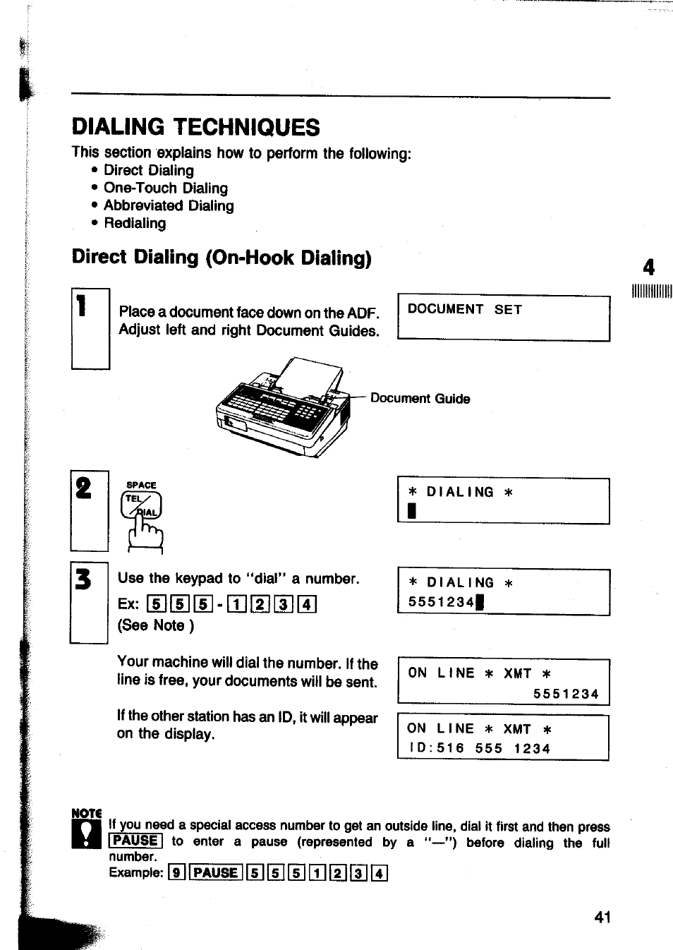 Direct dialing (on-hook dialing), Dialing techniques | Panasonic Panafax UF-260 User Manual | Page 43 / 150