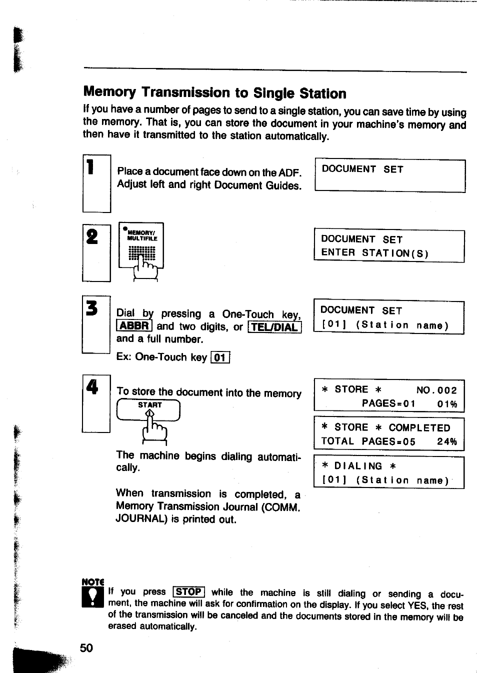 Memory transmission to singie station, Memory transmission to single station | Panasonic Panafax UF-260 User Manual | Page 52 / 150