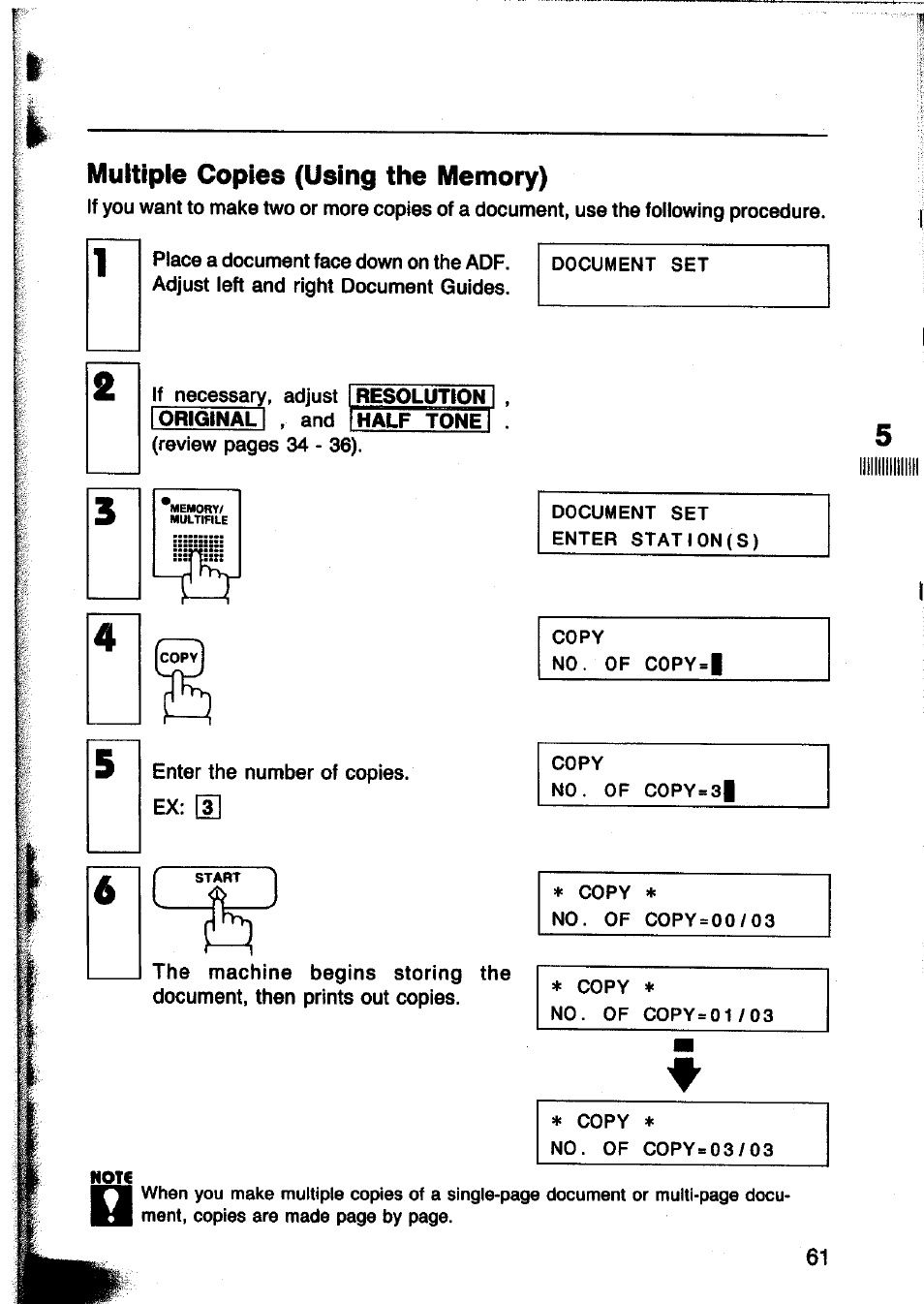 Multiple copies (using the memory) | Panasonic Panafax UF-260 User Manual | Page 63 / 150