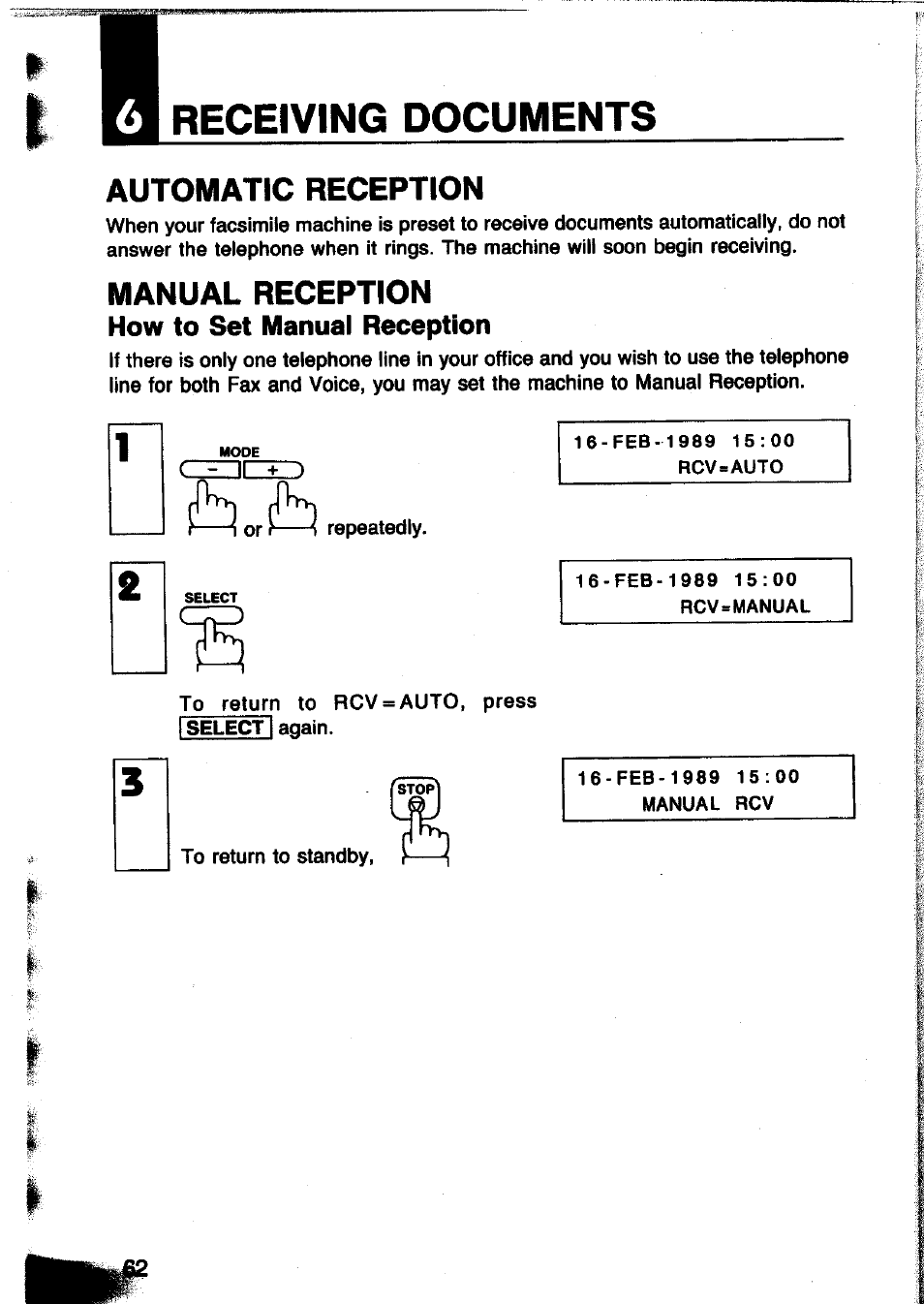 How to set manual reception, Receiving documents, Automatic reception | Manual reception | Panasonic Panafax UF-260 User Manual | Page 64 / 150