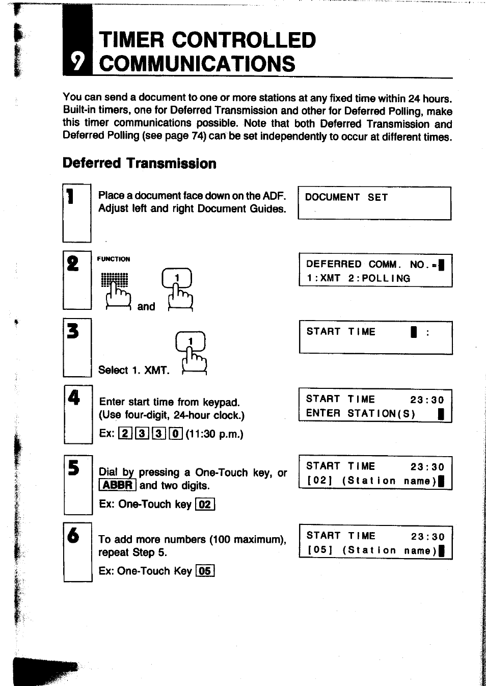 Deferred transmission, Timer controlled communications | Panasonic Panafax UF-260 User Manual | Page 74 / 150