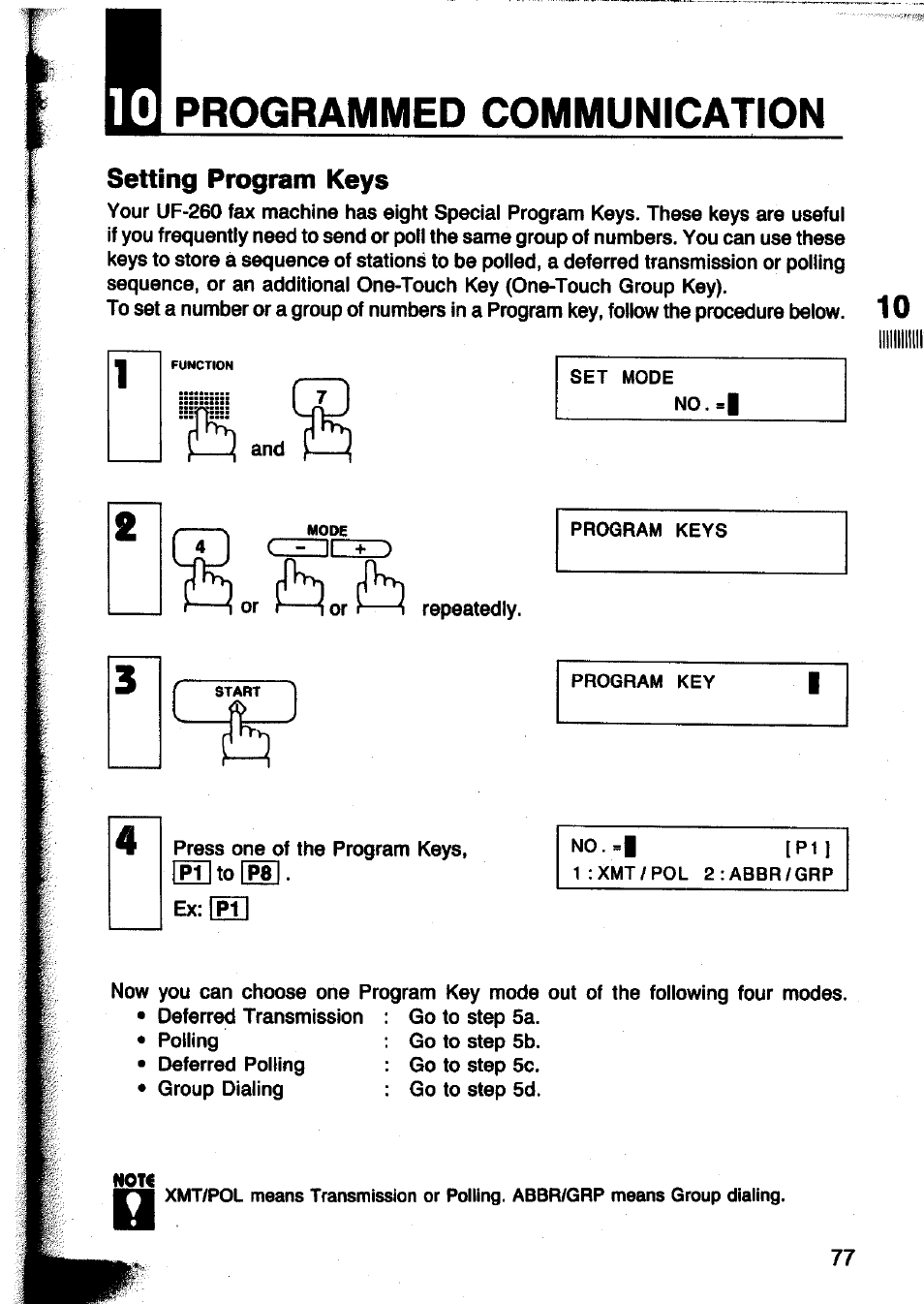 Setting program keys, Programmed communication, Ex:fptl | Panasonic Panafax UF-260 User Manual | Page 79 / 150