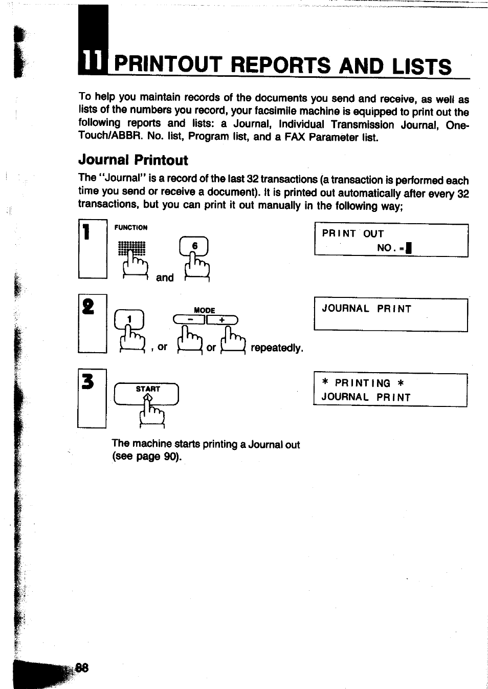 Journal printout, Printout reports and lists | Panasonic Panafax UF-260 User Manual | Page 90 / 150