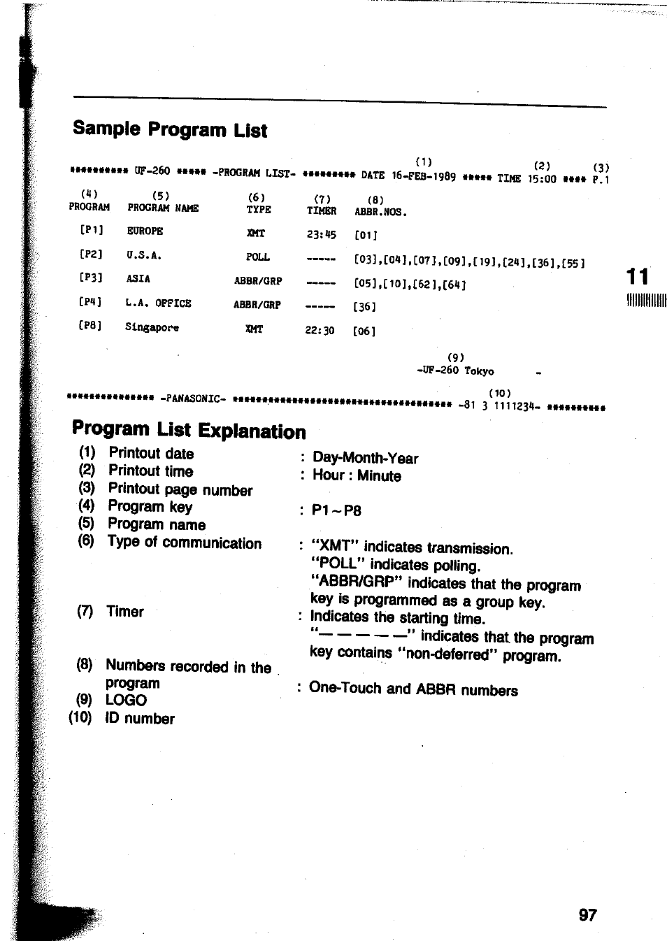 Sample program list, Program list explanation | Panasonic Panafax UF-260 User Manual | Page 99 / 150