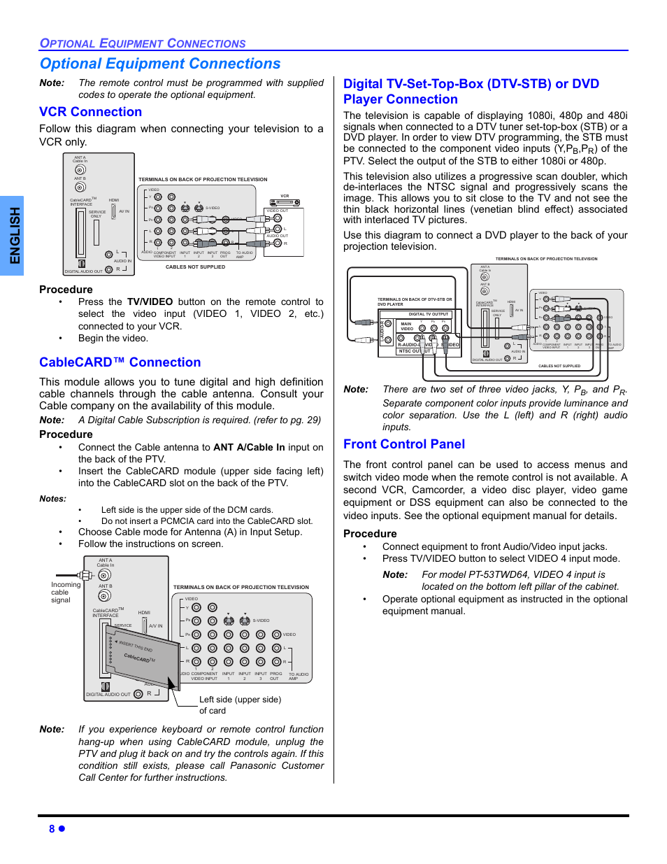 Optional equipment connections, Vcr connection, Cable card connection | Front control panel, English, Cablecard™ connection, Procedure, Ptional, Quipment, Onnections | Panasonic PT 53TWD64 User Manual | Page 10 / 88