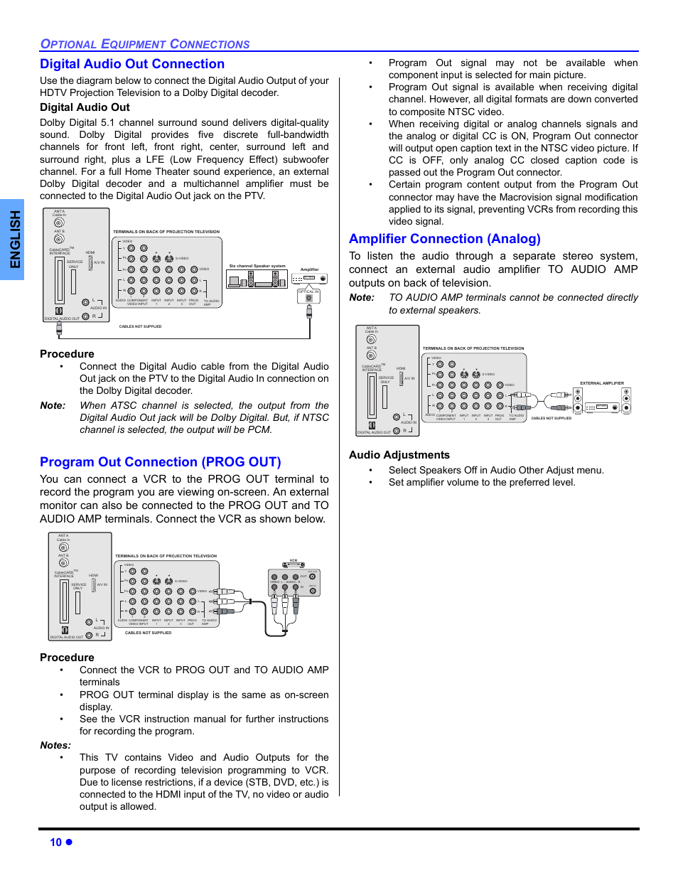 Digital audio out connection, Program out connection, Amplifier connection (analog) | English digital audio out connection, Program out connection (prog out), 10 z, Digital audio out, Procedure, Audio adjustments, Ptional | Panasonic PT 53TWD64 User Manual | Page 12 / 88