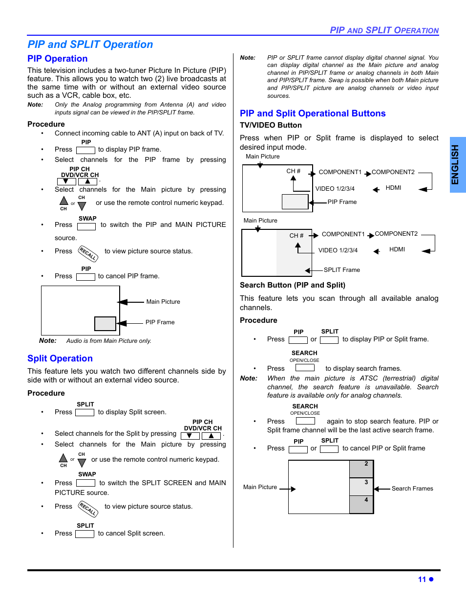 Pip and split operation, Pip operation, Split operation | Pip and split operational buttons, Tv / video button, Search button, Split o, English | Panasonic PT 53TWD64 User Manual | Page 13 / 88