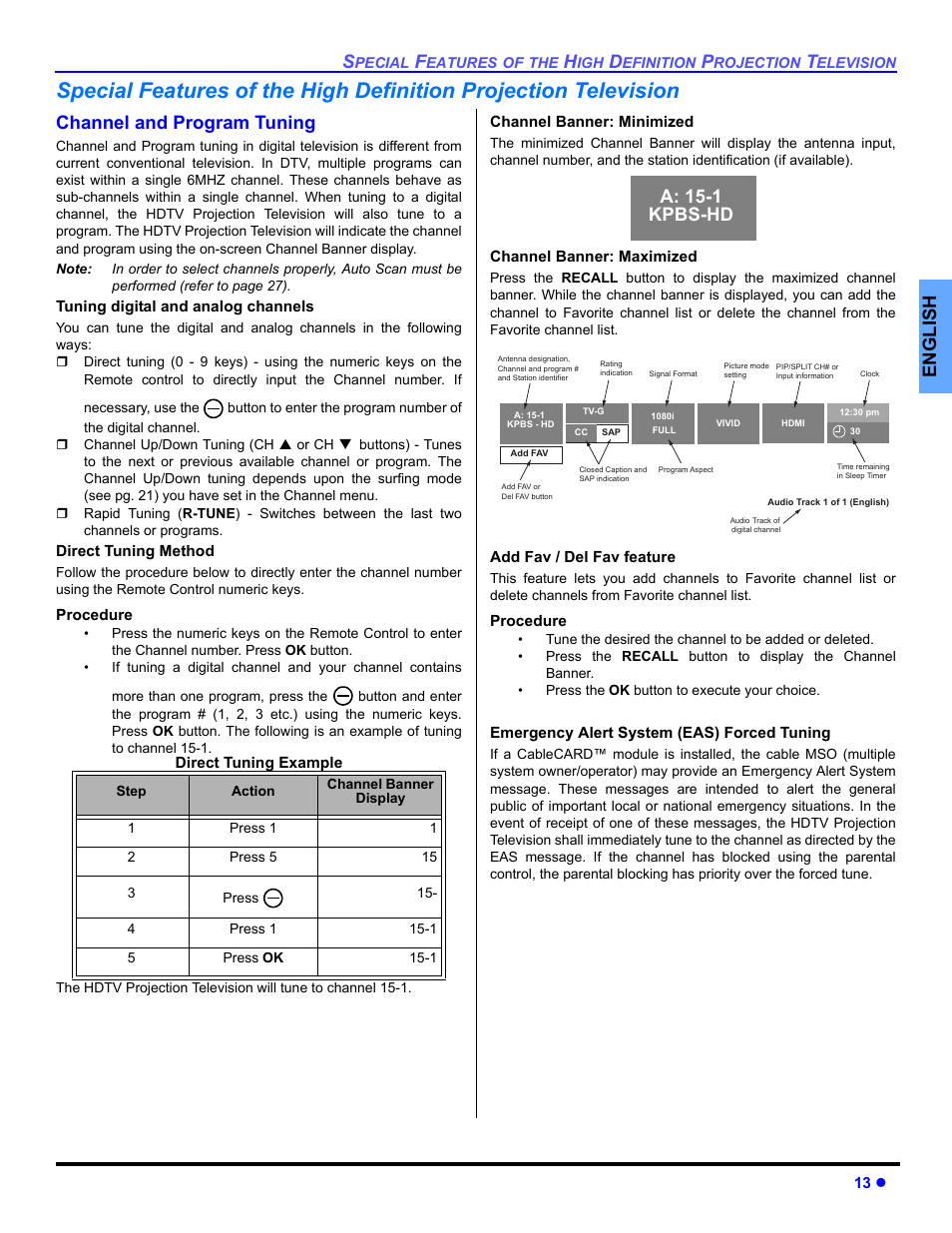 English, Channel and program tuning, A: 15-1 kpbs-hd | Panasonic PT 53TWD64 User Manual | Page 15 / 88