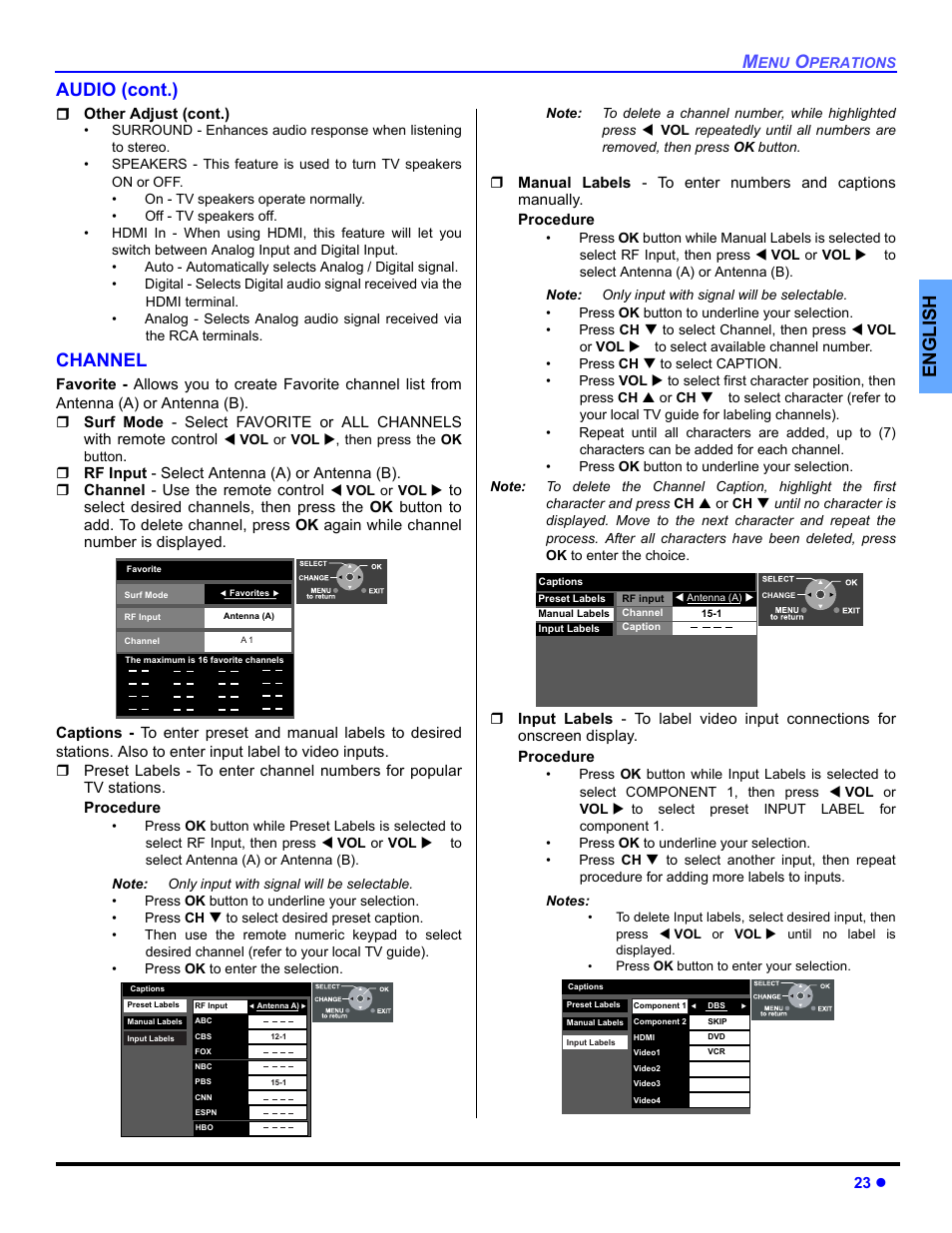 Channel, English audio (cont.) | Panasonic PT 53TWD64 User Manual | Page 25 / 88