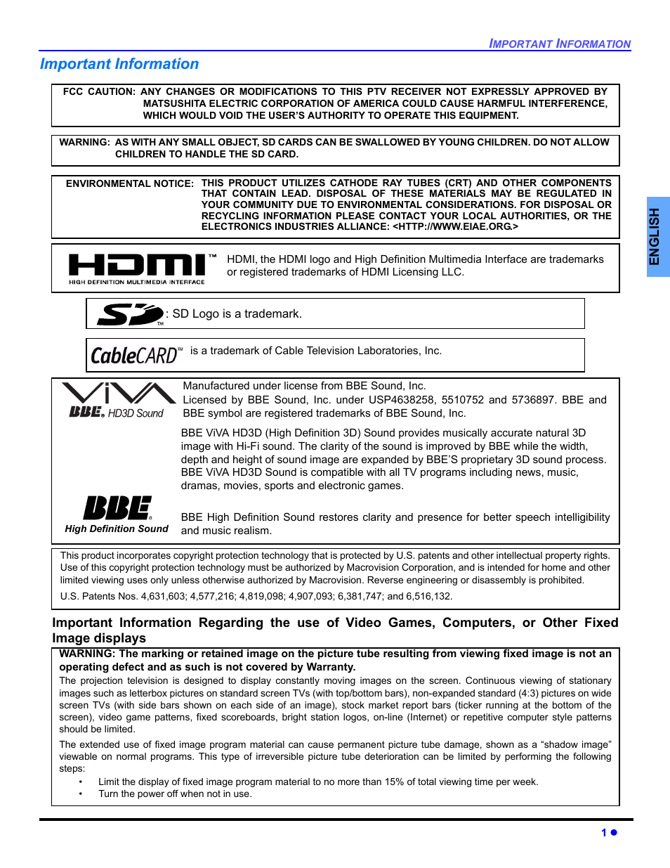 Important information | Panasonic PT 53TWD64 User Manual | Page 3 / 88