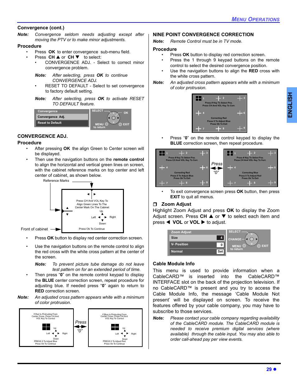 English, 29 z, Convergence (cont.) | Procedure, Convergence adj. procedure, Nine point convergence correction, Perations, Press “0 | Panasonic PT 53TWD64 User Manual | Page 31 / 88