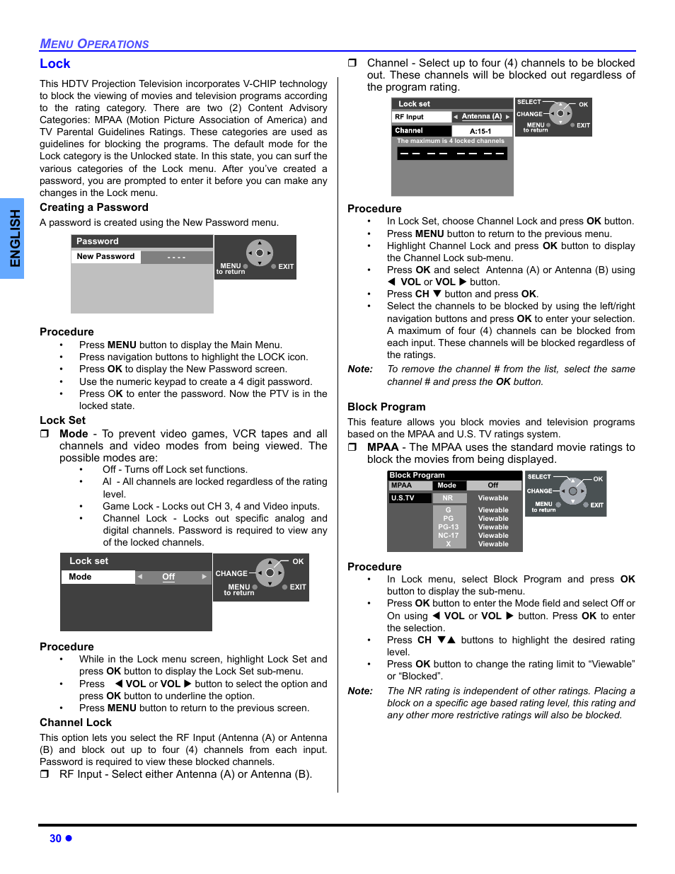 Lock, English lock | Panasonic PT 53TWD64 User Manual | Page 32 / 88