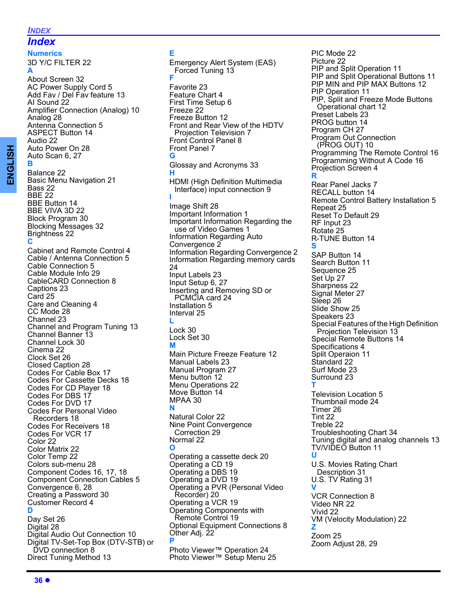 Index | Panasonic PT 53TWD64 User Manual | Page 38 / 88