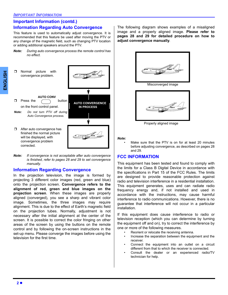 Information regarding auto convergence, Information regarding convergence, Fcc information | Panasonic PT 53TWD64 User Manual | Page 4 / 88