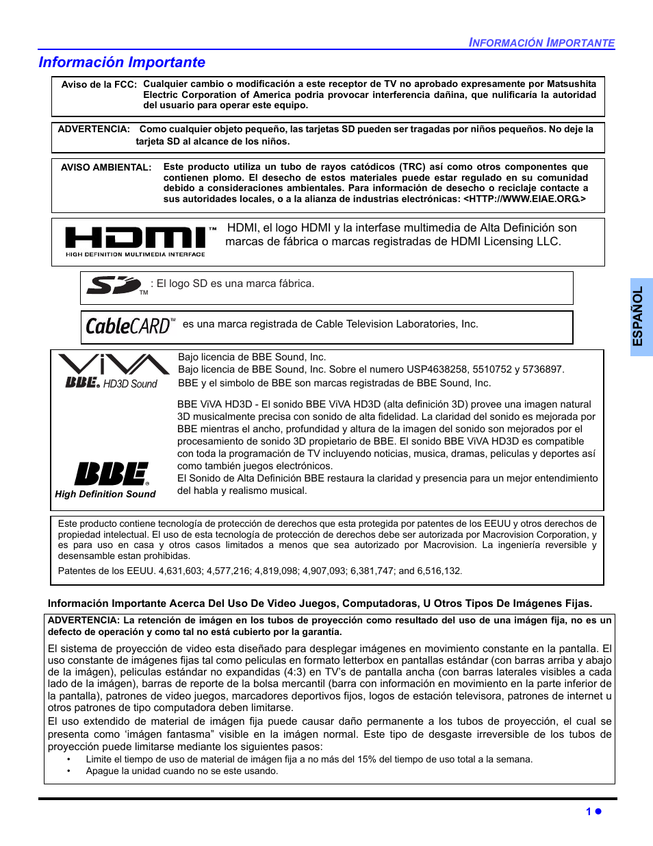 Informacion importante, Información importante | Panasonic PT 53TWD64 User Manual | Page 41 / 88