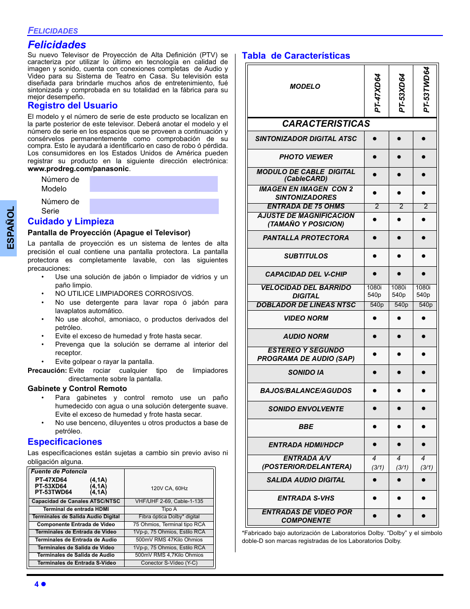 Felicidades, Registro del usuario, Cuidado y limpieza | Especificaciones, Tabla de caracteristicas | Panasonic PT 53TWD64 User Manual | Page 44 / 88