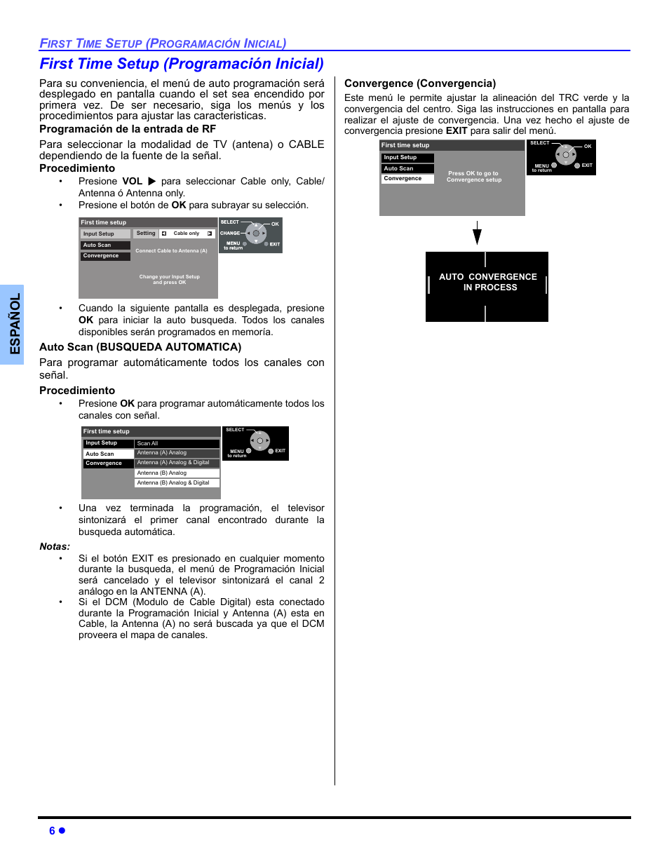 Programacion inicial, First time setup (programación inicial), E s p añol | Panasonic PT 53TWD64 User Manual | Page 46 / 88