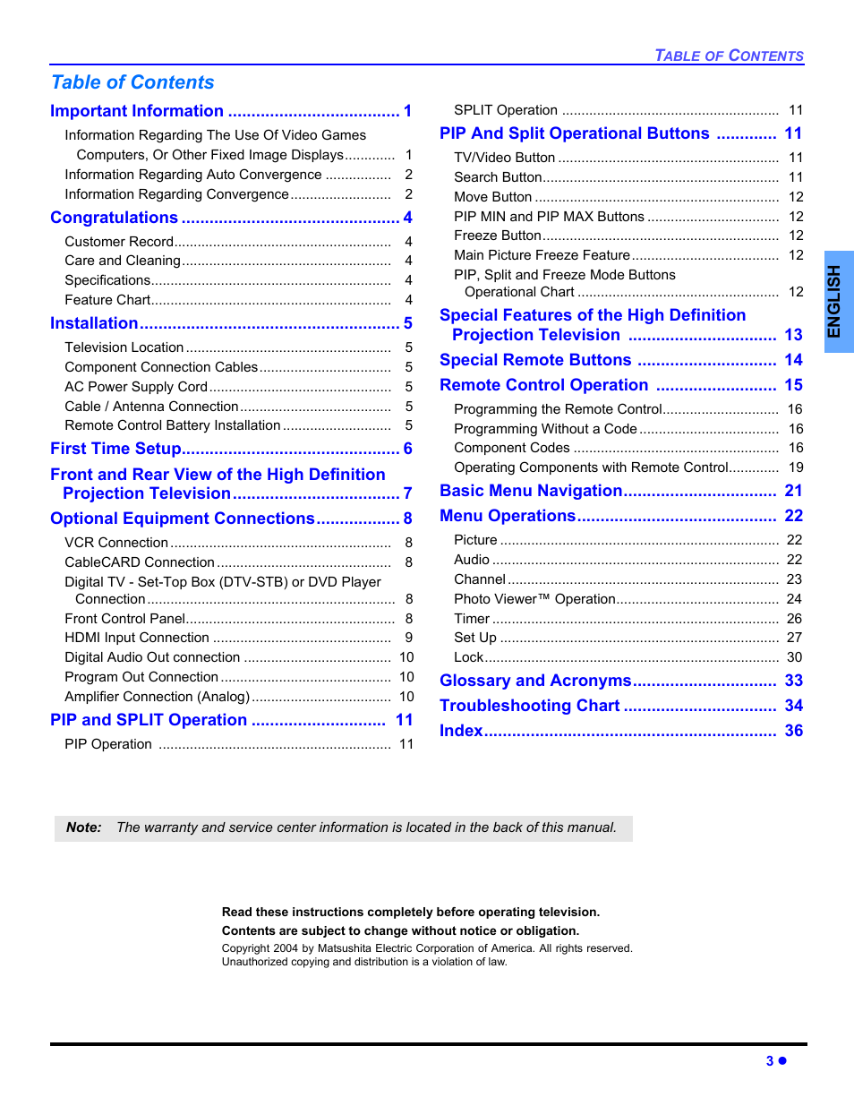 Panasonic PT 53TWD64 User Manual | Page 5 / 88
