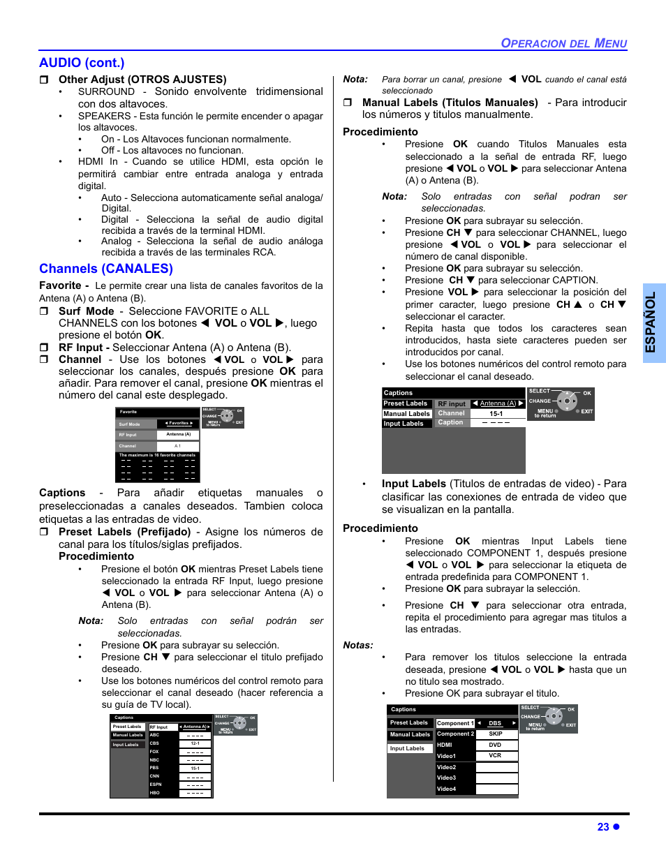 Canales, Es p añol audio (cont.), Channels (canales) | Panasonic PT 53TWD64 User Manual | Page 63 / 88