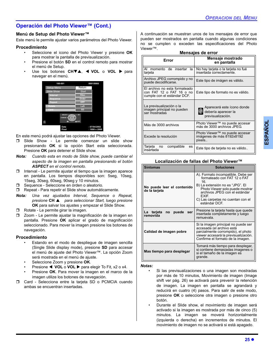Es p añol operación del photo viewer™ (cont.) | Panasonic PT 53TWD64 User Manual | Page 65 / 88