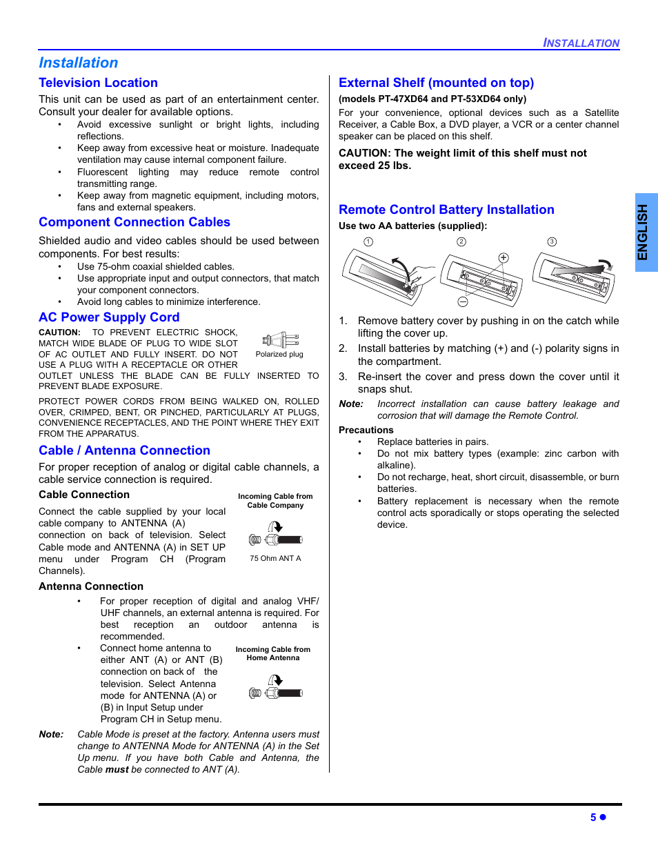 Installation, Television location, Component connection cables | Ac power supply cord, Cable / antenna connection, Remote control battery installation, English, External shelf (mounted on top) | Panasonic PT 53TWD64 User Manual | Page 7 / 88