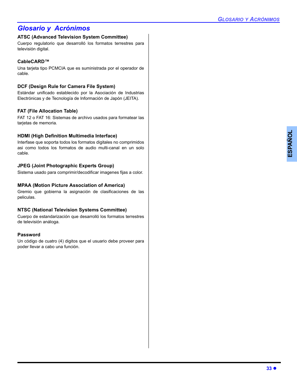 Glosario y acronimos, Glosario y acrónimos | Panasonic PT 53TWD64 User Manual | Page 73 / 88