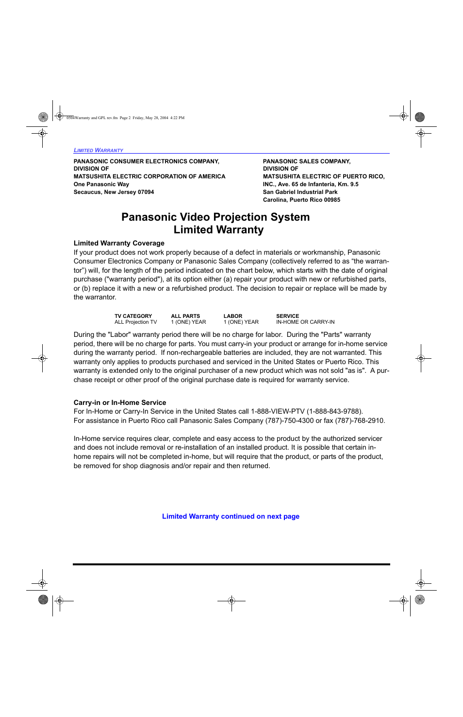 Panasonic video projection system limited warranty | Panasonic PT 53TWD64 User Manual | Page 78 / 88