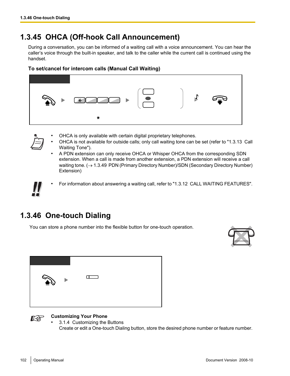 45 ohca (off-hook call announcement), 46 one-touch dialing, Ohca (off-hook call announcement) | One-touch dialing, Announcement) | Panasonic KX-TDE200 User Manual | Page 102 / 210