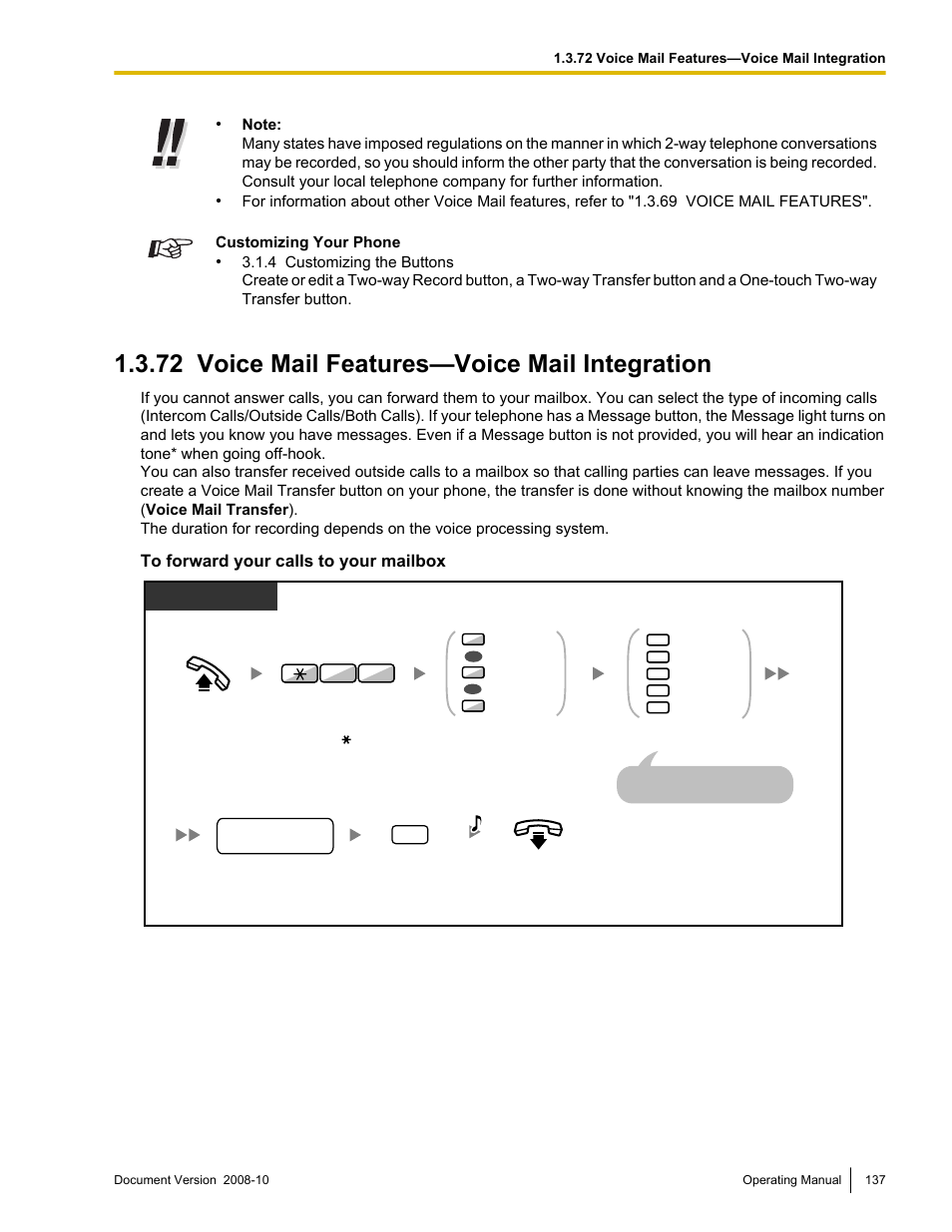 72 voice mail features—voice mail integration, Voice mail features—voice mail integration | Panasonic KX-TDE200 User Manual | Page 137 / 210