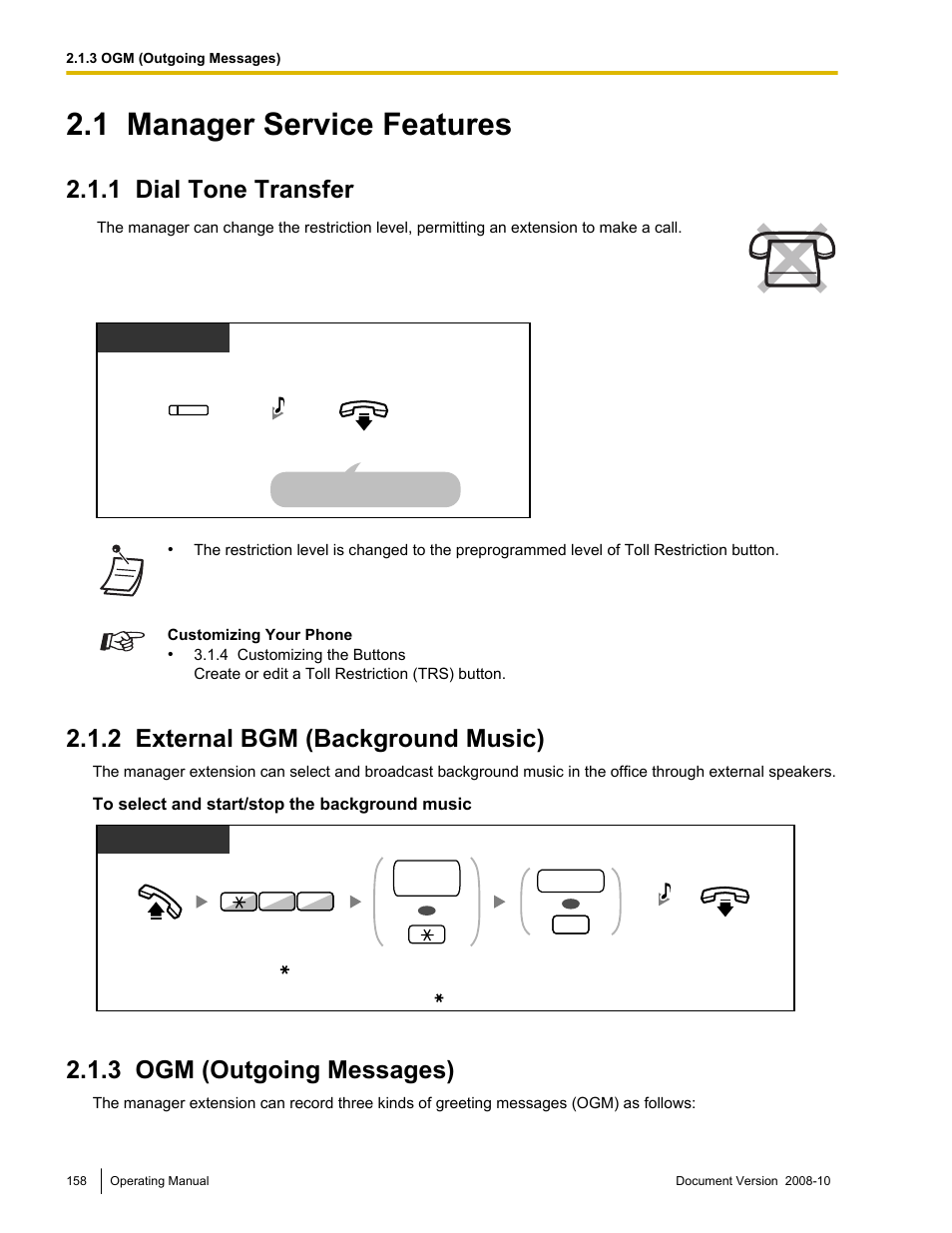 1 manager service features, 1 dial tone transfer, 2 external bgm (background music) | 3 ogm (outgoing messages), Manager service features, Dial tone transfer, External bgm (background music), Ogm (outgoing messages), 2 external bgm (background music)) | Panasonic KX-TDE200 User Manual | Page 158 / 210