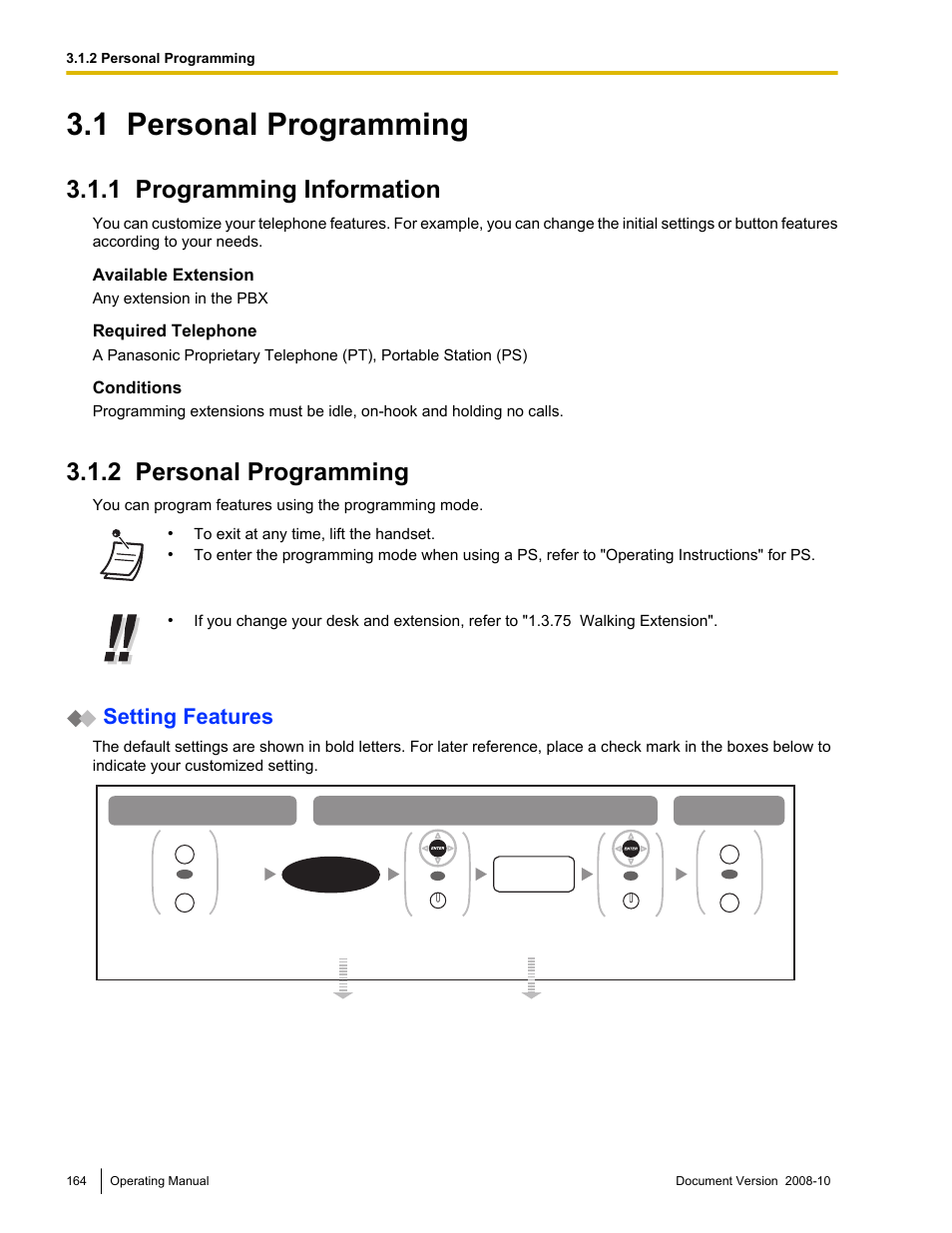 1 personal programming, 1 programming information, 2 personal programming | Personal programming, Programming information, In "3.1.2 personal programming, Setting features, Available extension, Required telephone, Conditions | Panasonic KX-TDE200 User Manual | Page 164 / 210