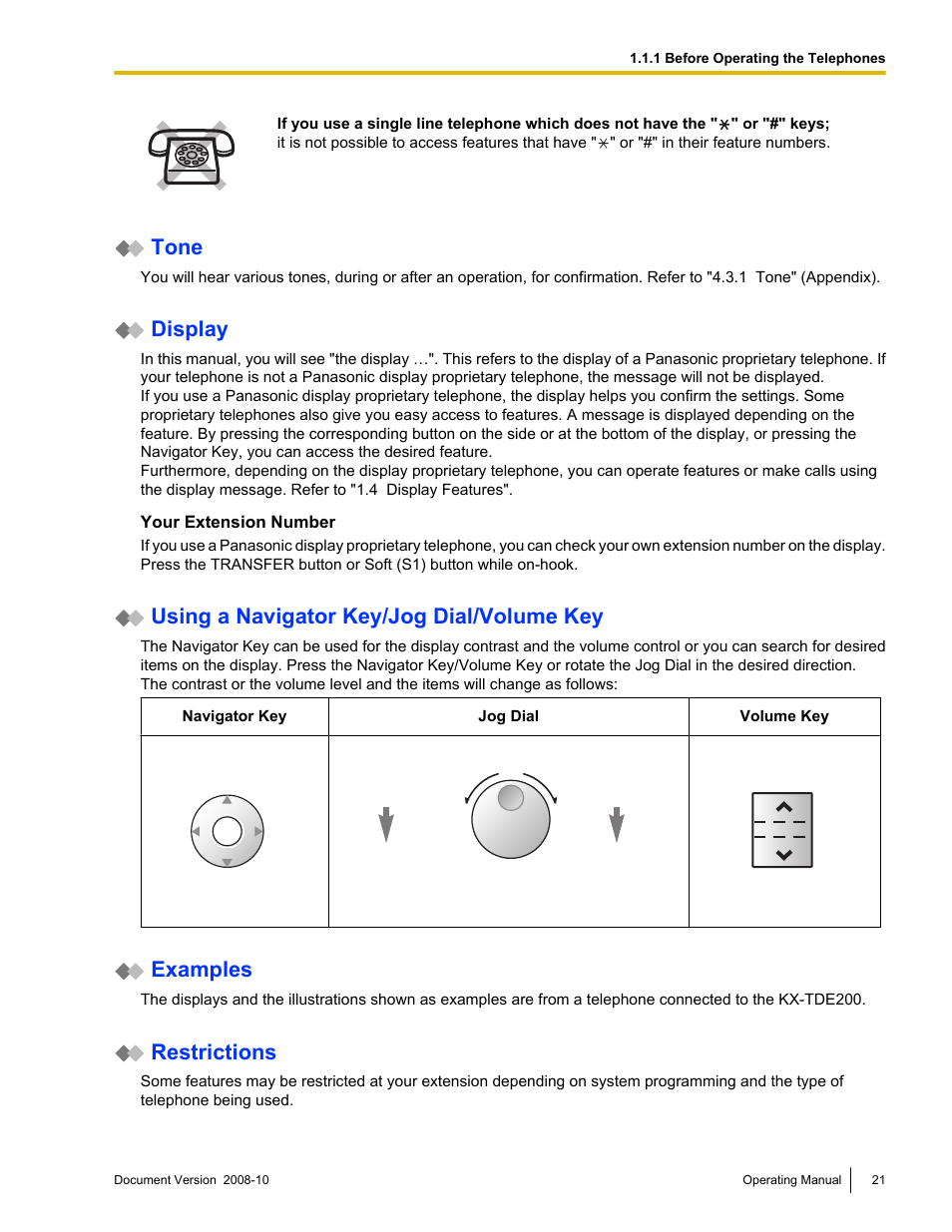 Tone, Display, Using a navigator key/jog dial/volume key | Examples, Restrictions | Panasonic KX-TDE200 User Manual | Page 21 / 210