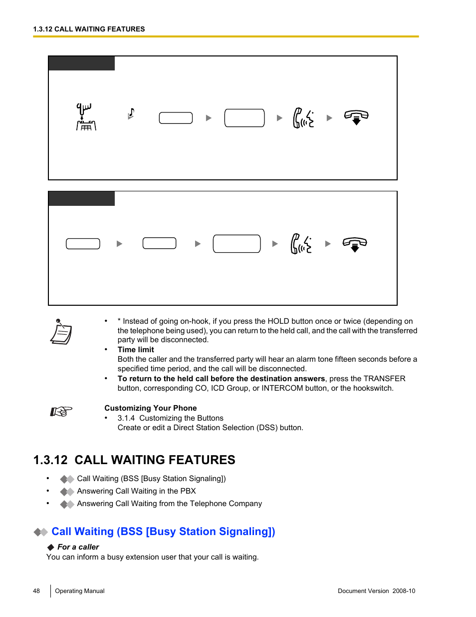 12 call waiting features, Call waiting features, Call waiting (bss [busy station signaling]) | Panasonic KX-TDE200 User Manual | Page 48 / 210