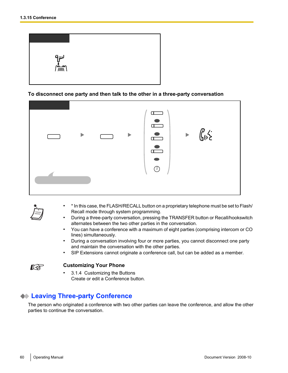 Leaving three-party conference, Customizing your phone | Panasonic KX-TDE200 User Manual | Page 60 / 210