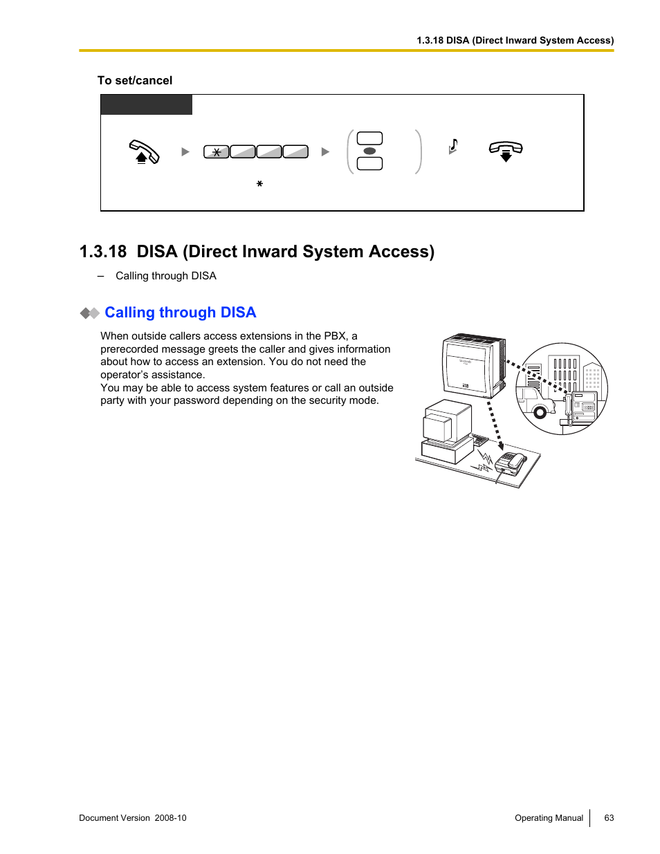 18 disa (direct inward system access), Disa (direct inward system access), Calling through disa | Panasonic KX-TDE200 User Manual | Page 63 / 210