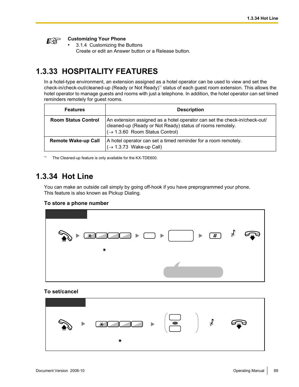 33 hospitality features, 34 hot line, Hospitality features | Hot line | Panasonic KX-TDE200 User Manual | Page 89 / 210