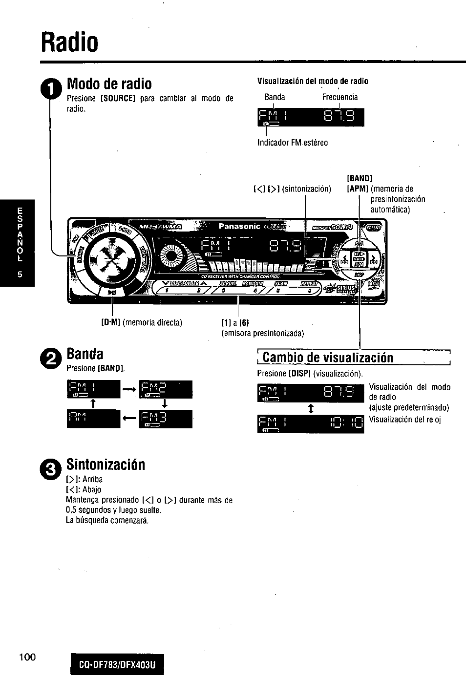 Radio, Modo de radio, Banda | Sintonización, Cambio de visualización | Panasonic CQ-DF783U User Manual | Page 100 / 136