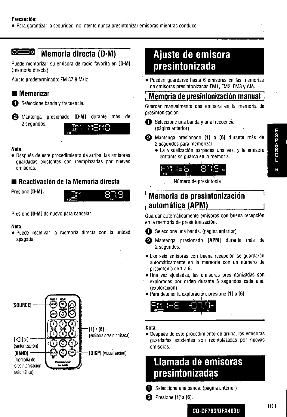 Memorizar, Reactivación de la memoria directa, Ajuste de emisora presintonizada | Llamada de emisoras presintonizadas, Rìvìemoria directa (d*m) | Panasonic CQ-DF783U User Manual | Page 101 / 136