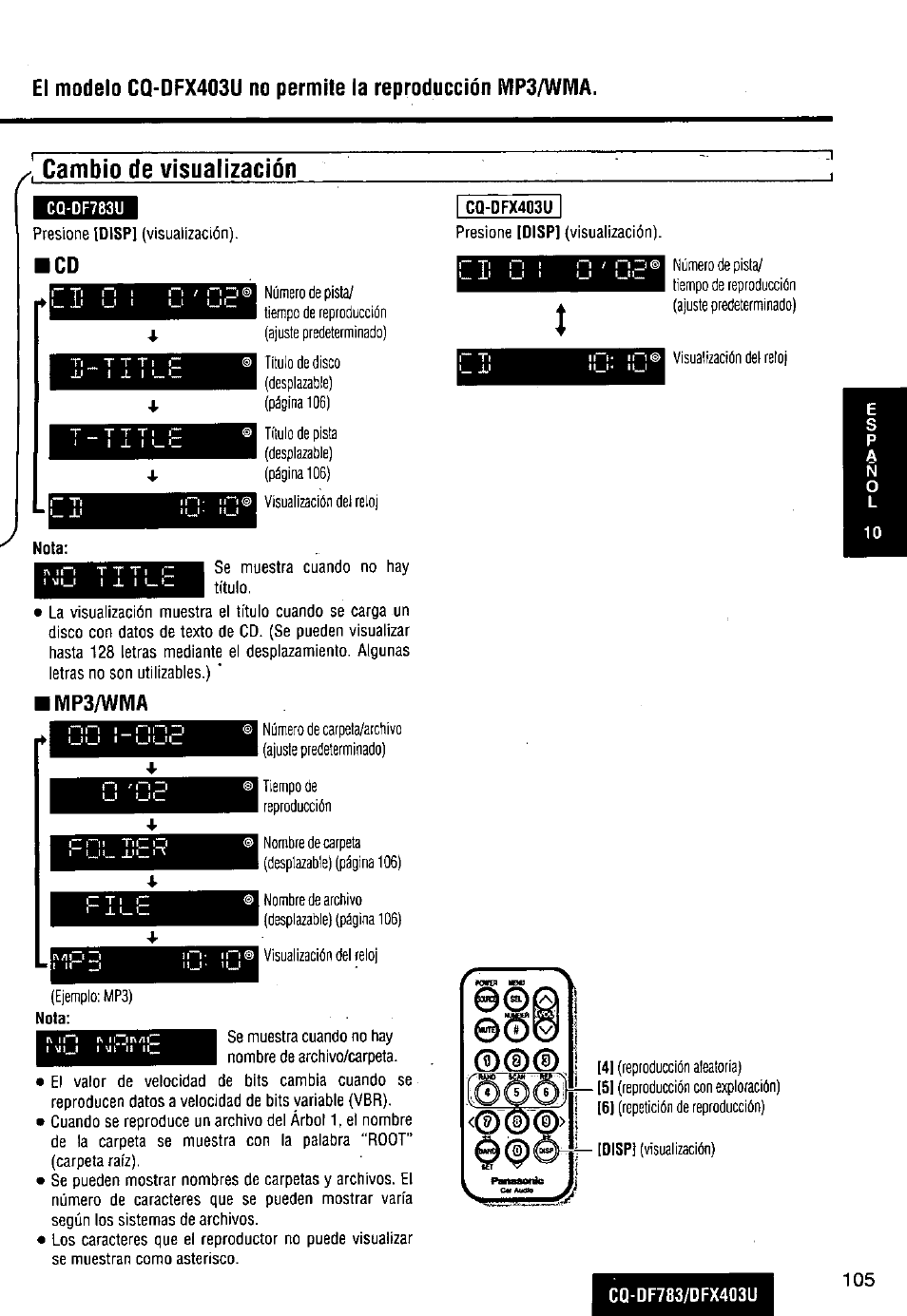 Cambio de visualización, Mp3/wma | Panasonic CQ-DF783U User Manual | Page 105 / 136