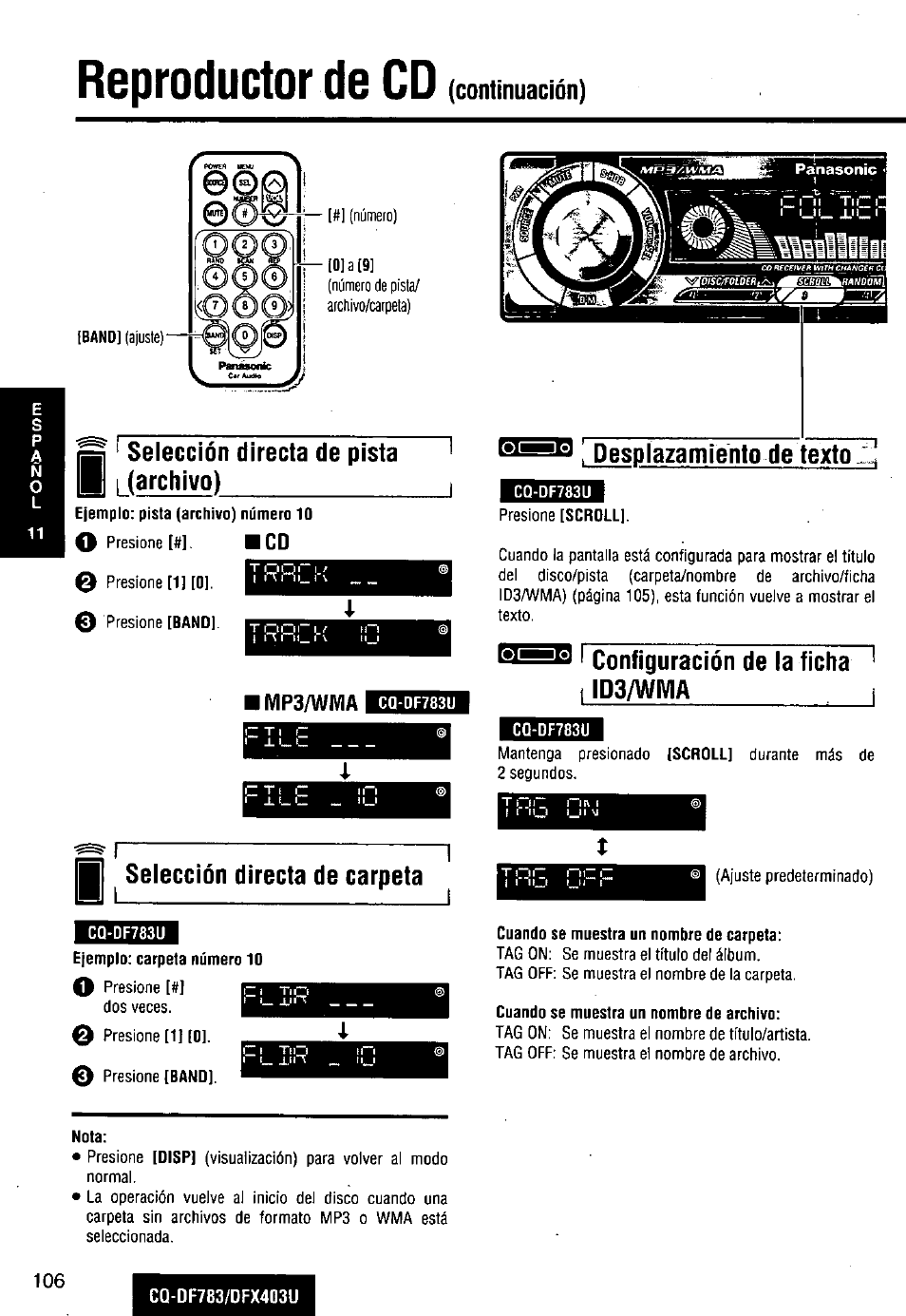 Rsproductor d6 cd (continuación), Selección directa de pista i (archivo), Selección directa de carpeta | Desplazamiento de texto, Configuración de la ficha id3/wma, Mp3/wma | Panasonic CQ-DF783U User Manual | Page 106 / 136