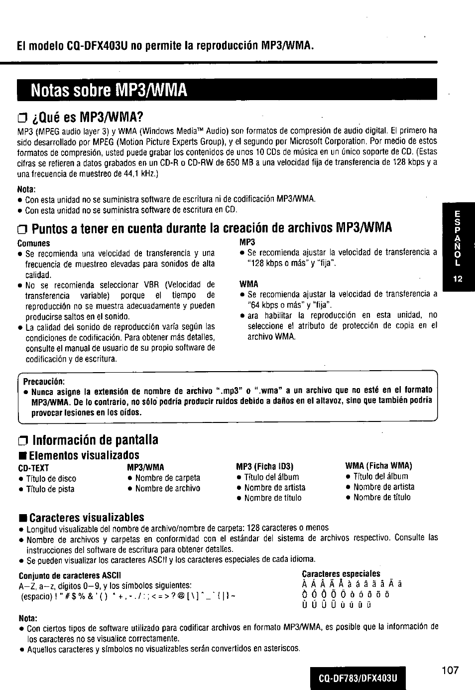 Elementos visualizados, Caracteres visualizables, Notas sobre mp3/wma | Qué es mp3/wma, Información de pantalla | Panasonic CQ-DF783U User Manual | Page 107 / 136