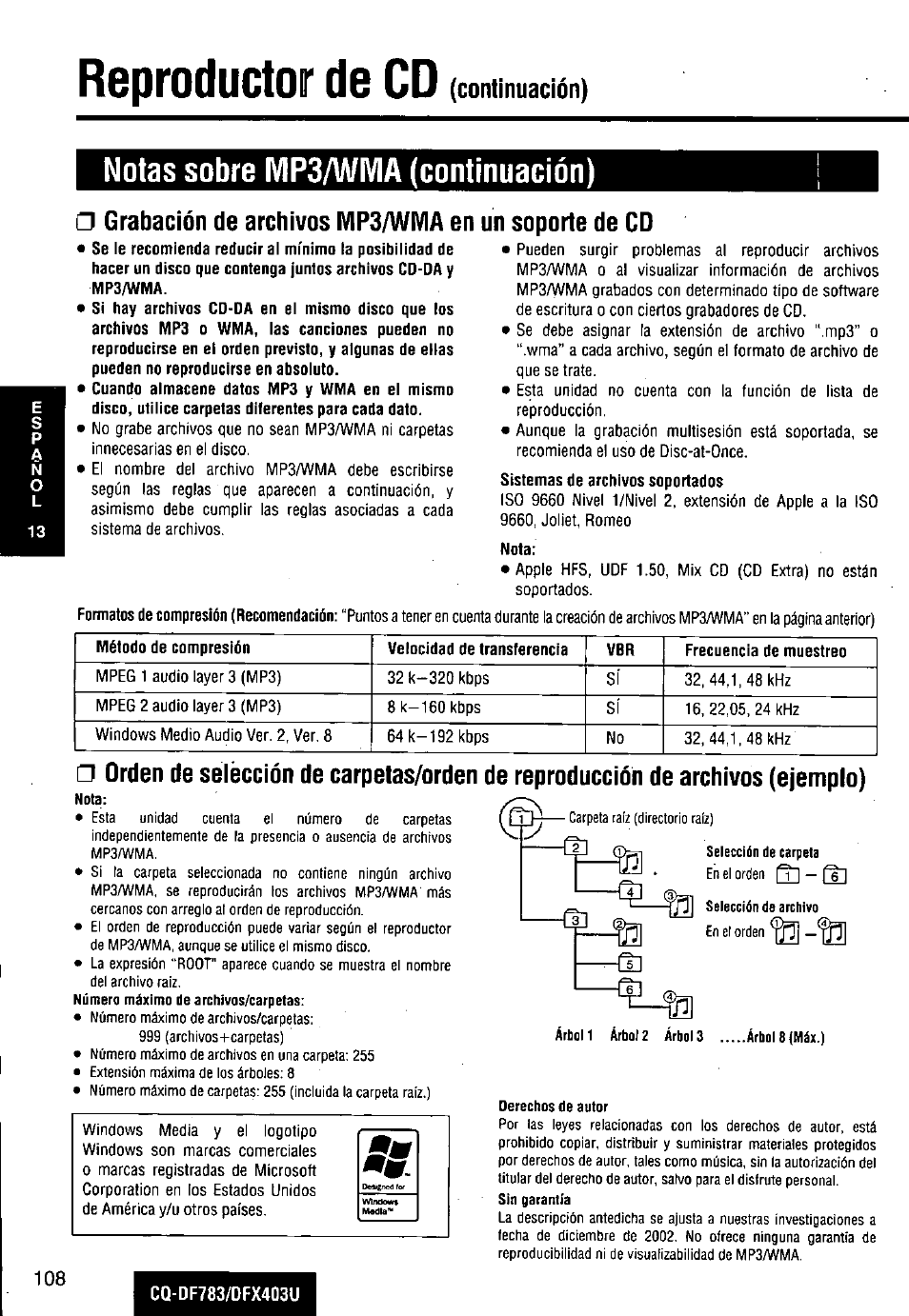 Reproductor de cd, Notas sobre mp3/wivia (continuación), Grabación de archivos mp3/wma en | Un soporte de cd | Panasonic CQ-DF783U User Manual | Page 108 / 136